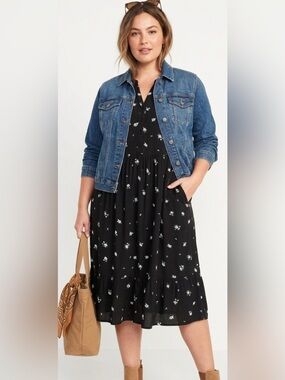 Old Navy Size 2X Floral Black And White Knee Length 3/4 Sl Cottage Core Country